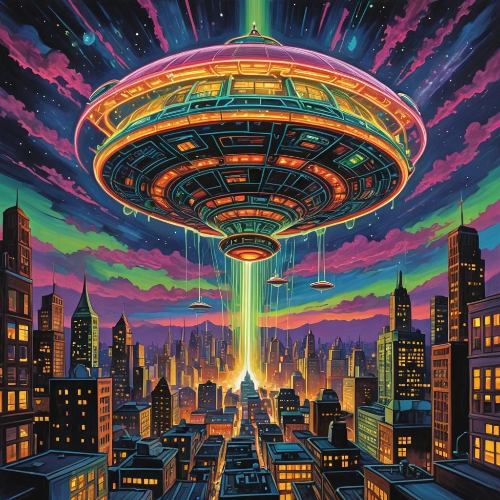 Neon lights at night. 
A  Neon flying saucer flying above the slee...