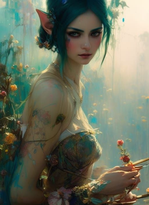 Cartoon Elven Woman Portrait in Oil on Canvas