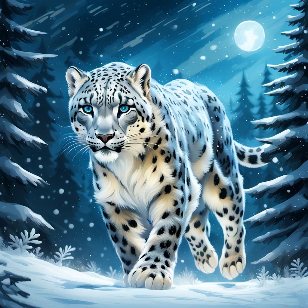 Snow Leopard Running in Snowy Forest at Night