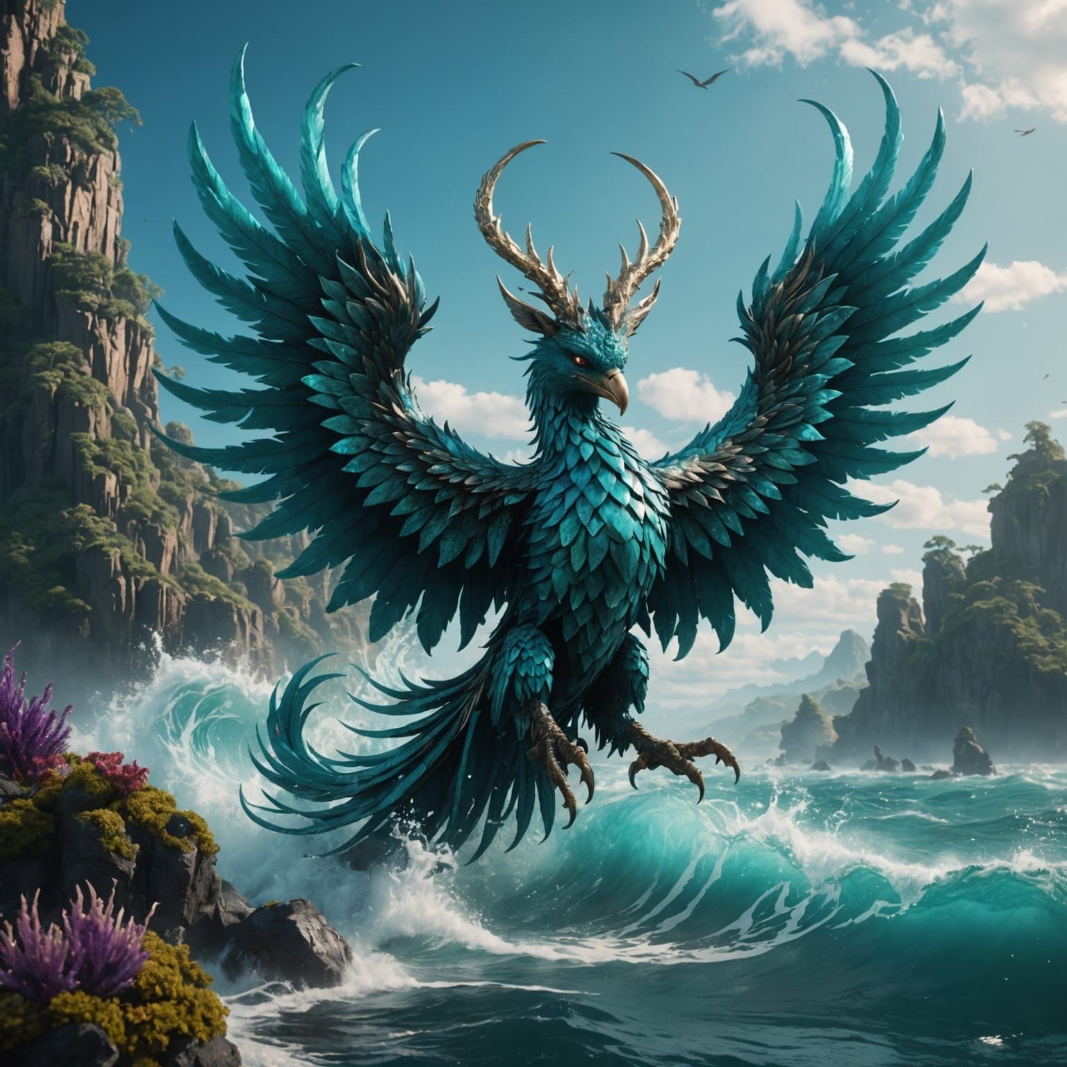 Turquoise Phoenix with Crystal Horns: Fantasy Art