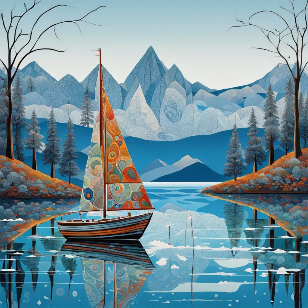 Abstract Sailboat Painting on an Ice Blue Lake
