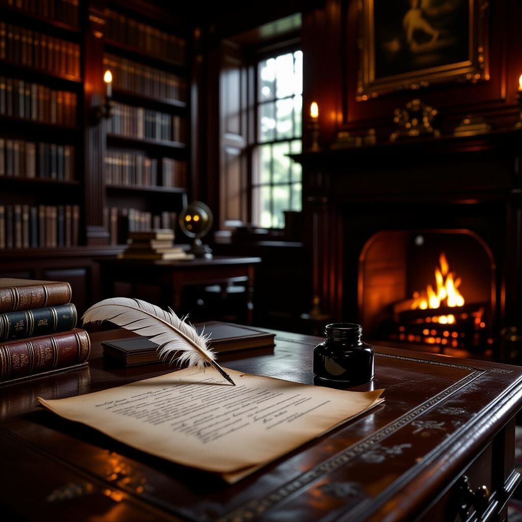 Old Quill Pen on Mahogany Desk in Firelit Study