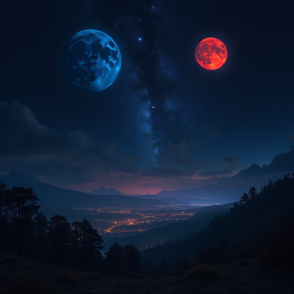 Cosmic Night Sky with Two Moons Over Village