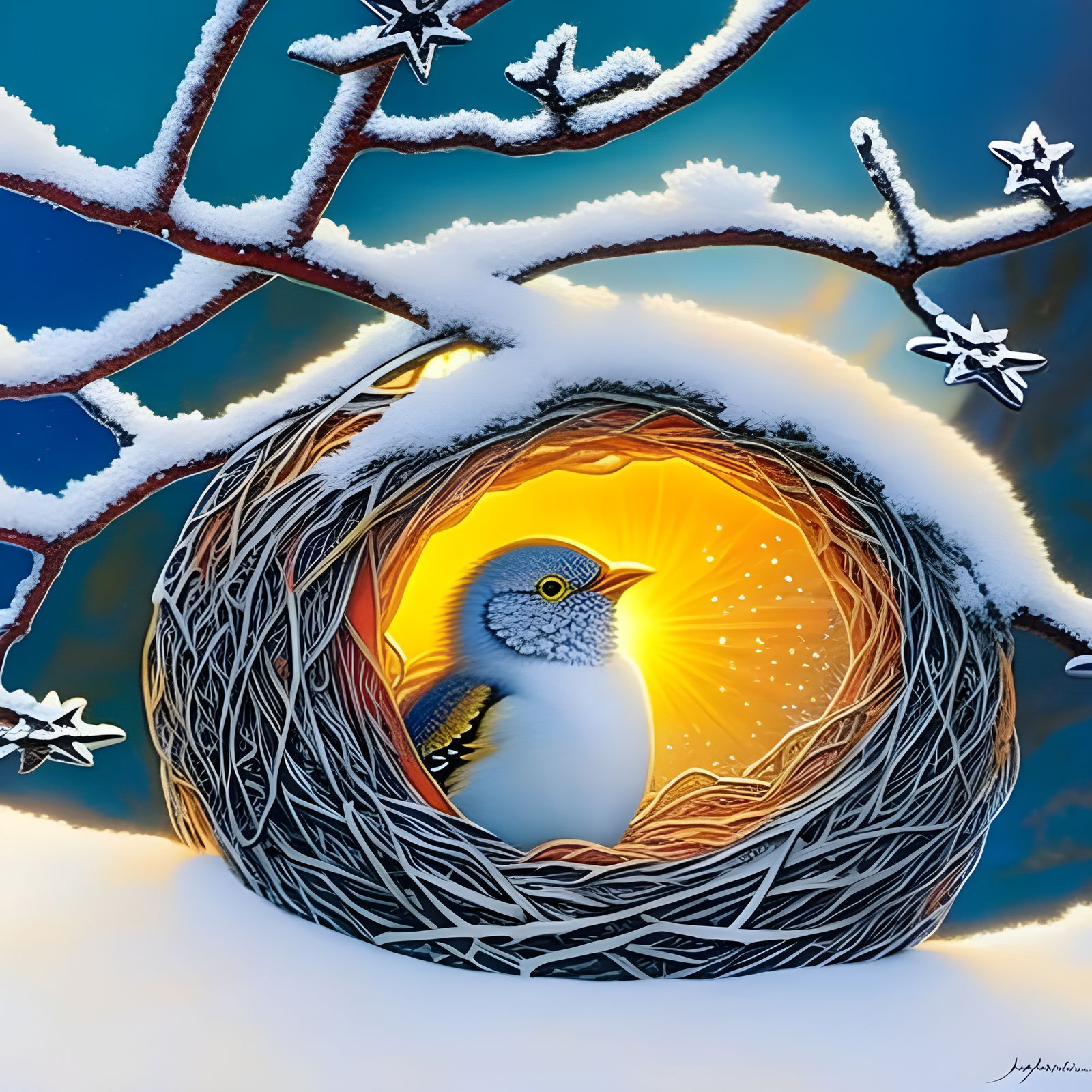 Cute Bird Snuggled in Winter Tree: Fantasy Album Art