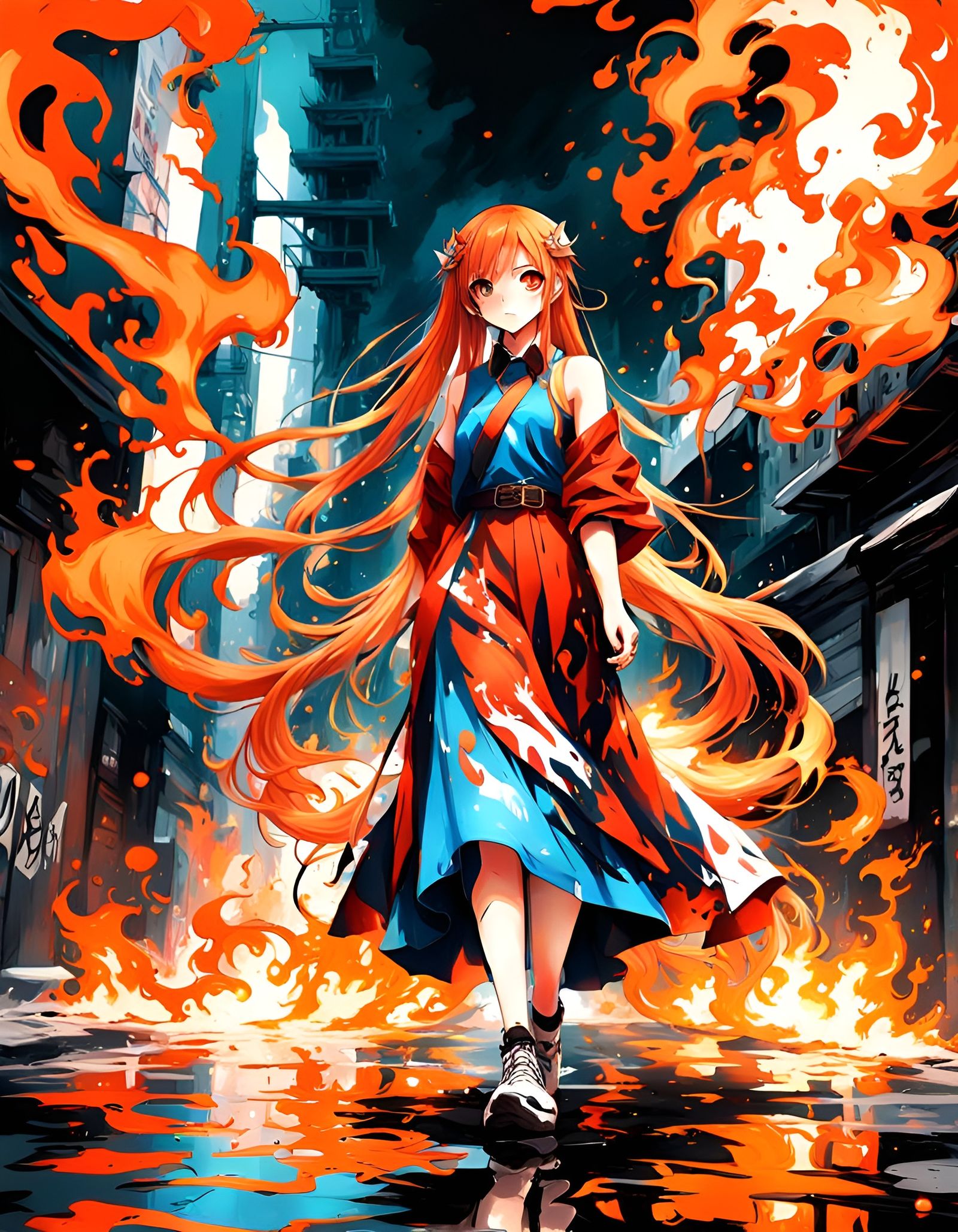 Flaming Hair Girl in Burning Graffiti Art Style