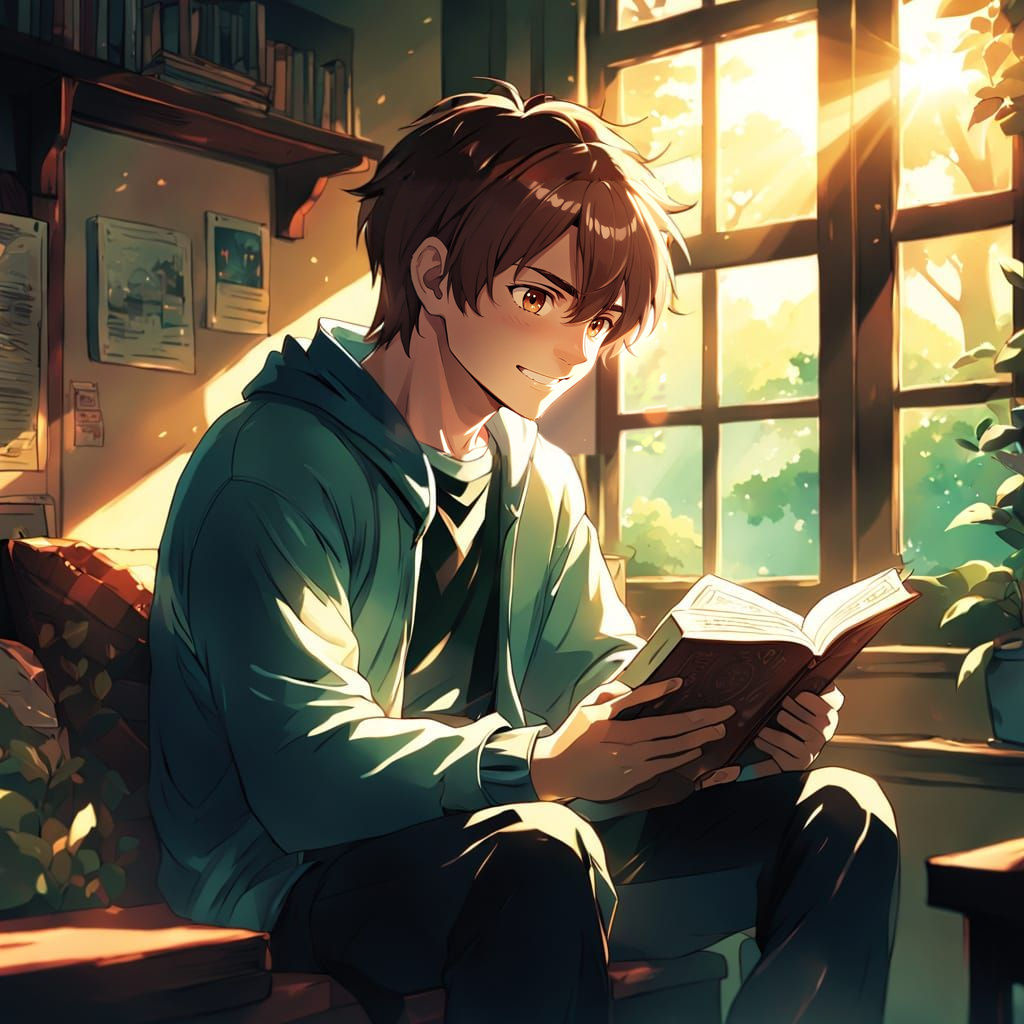 A Man in a Cozy Reading Nook with Morning Sunlight