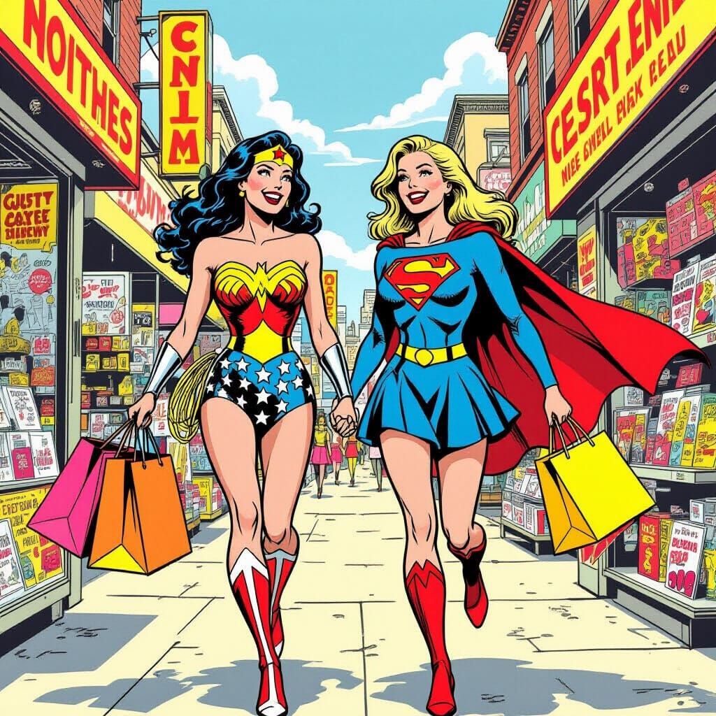Wonder Woman & Supergirl Shopping in Retro Comic Style