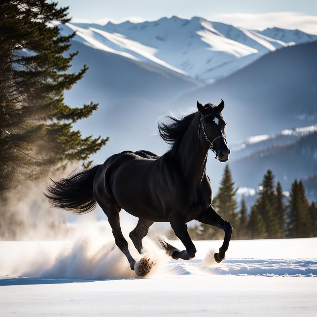 Black Horse Galloping Through Snowy Mountain Landscape