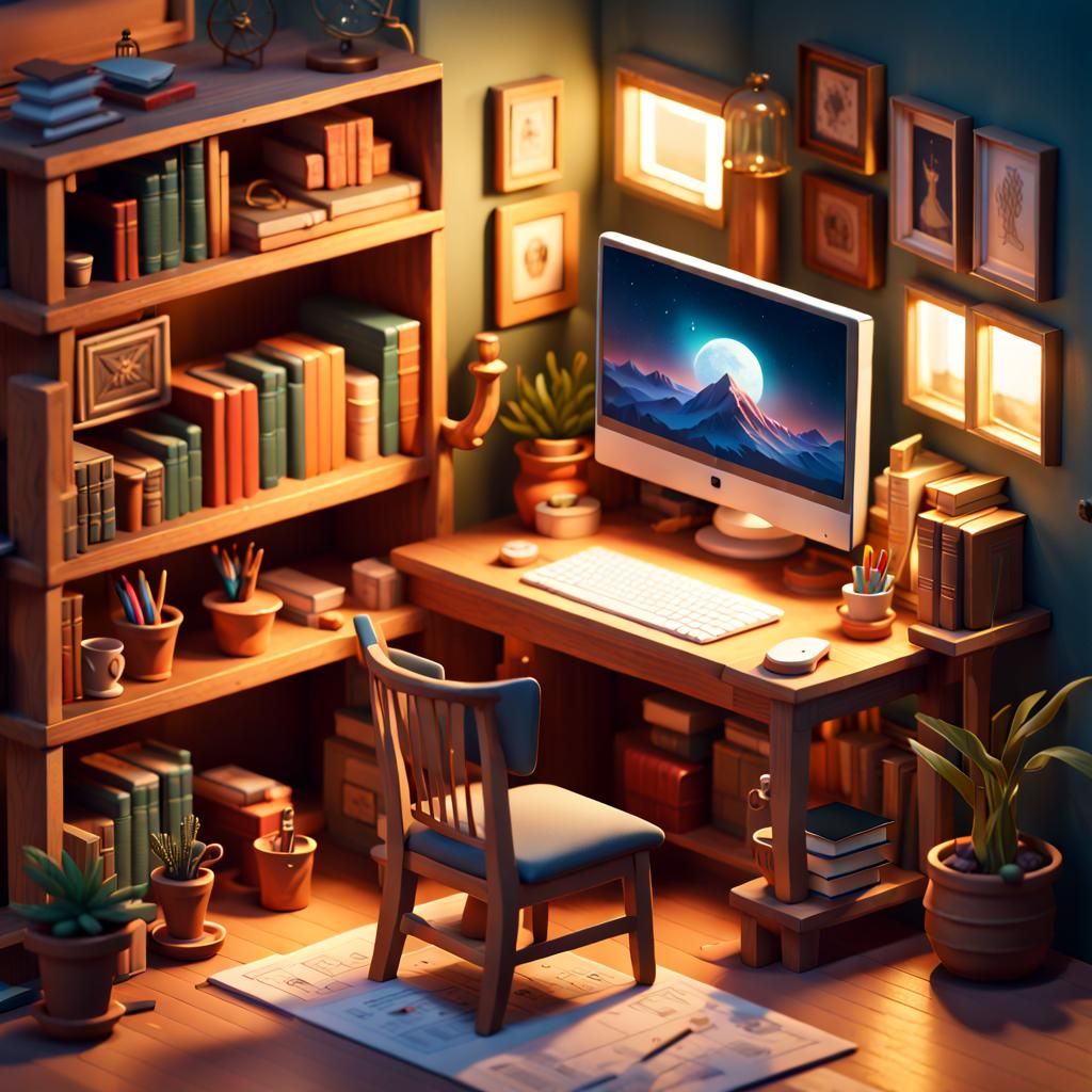 Isometric Solarpunk Home Office in Miniature Diorama