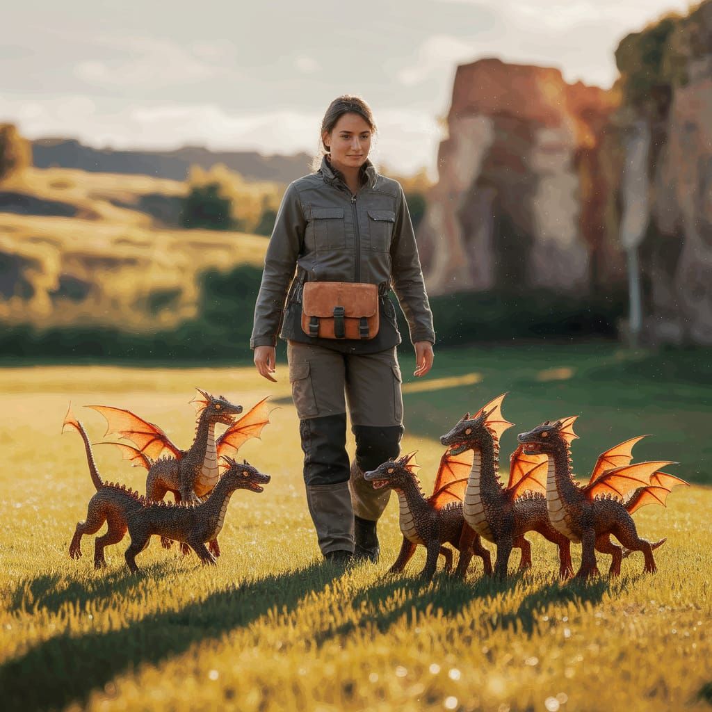 Woman Training Miniature Dragons in Golden Sunlight