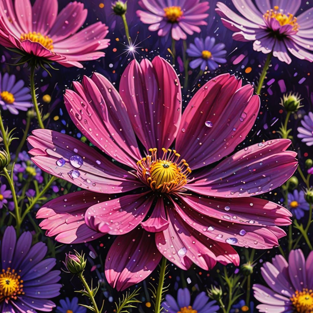 Vibrant Oil Painting of Pink Cosmos Flower with Dewdrops