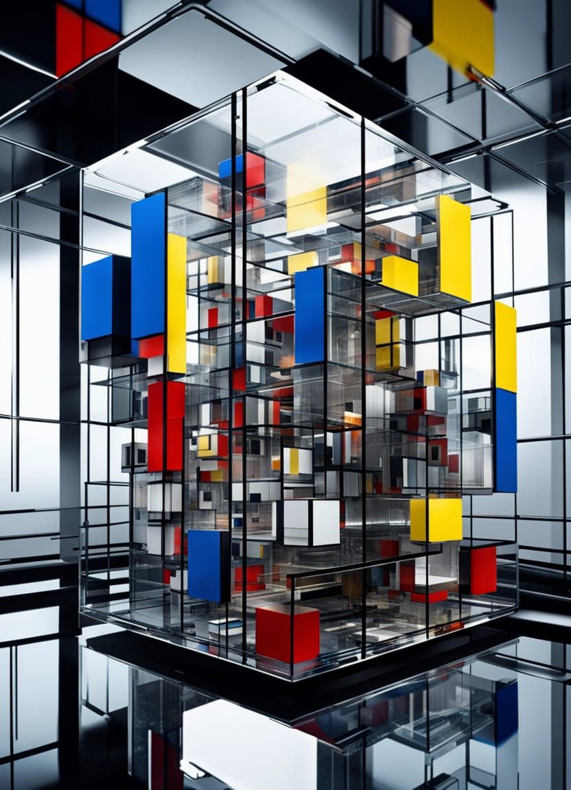 Futuristic Glass City in Mondrian Style Cube