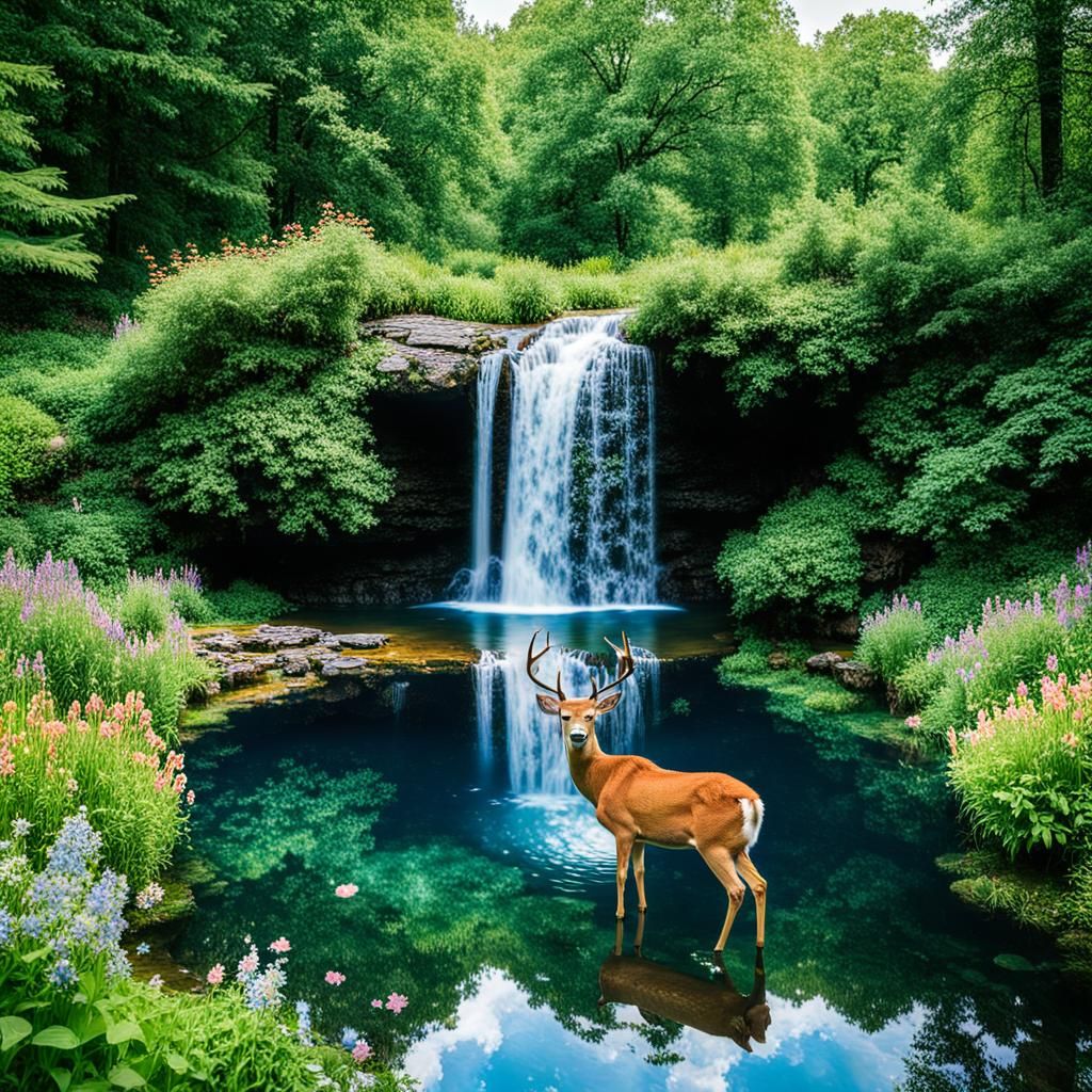 Serene Woodland Scene with Deer and Reflected Sky