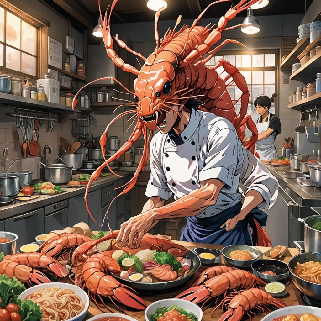 Giant Shrimp in Manga-Style Kitchen Chaos
