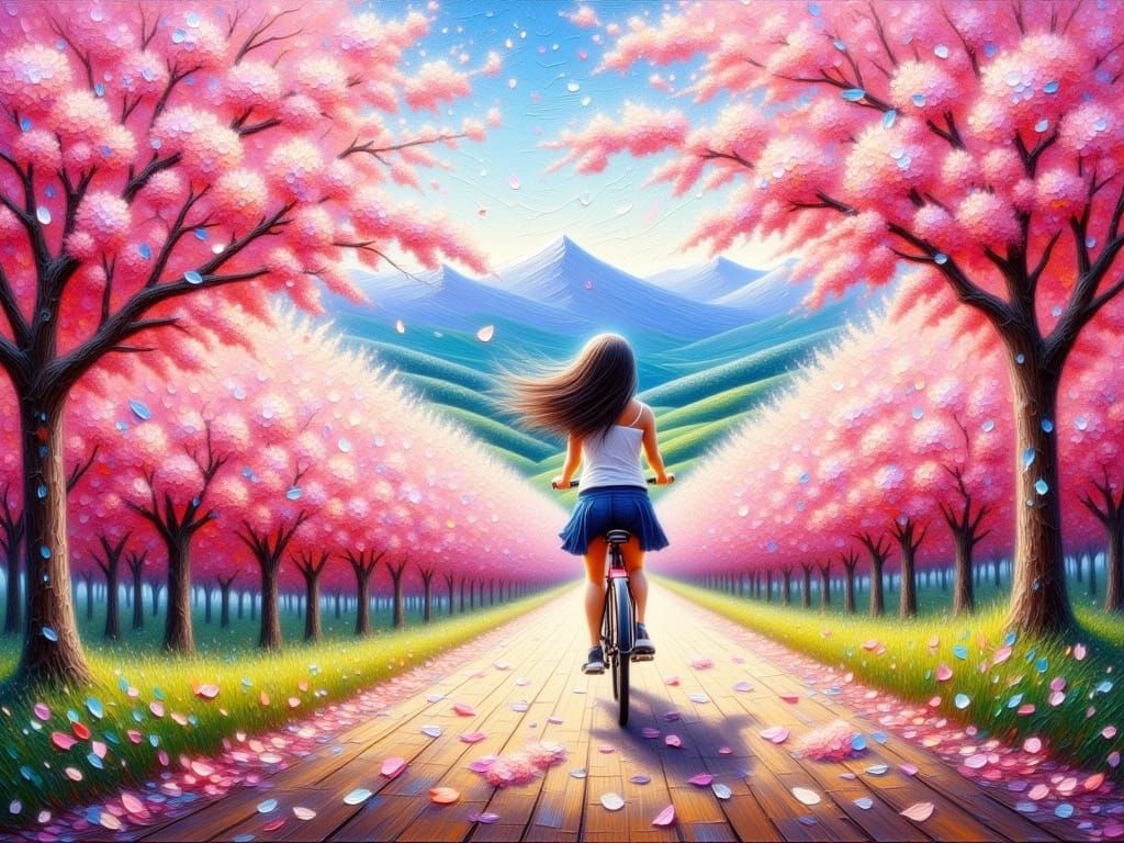 Vibrant Impasto Cherry Blossom Landscape with a Young Cyclis...