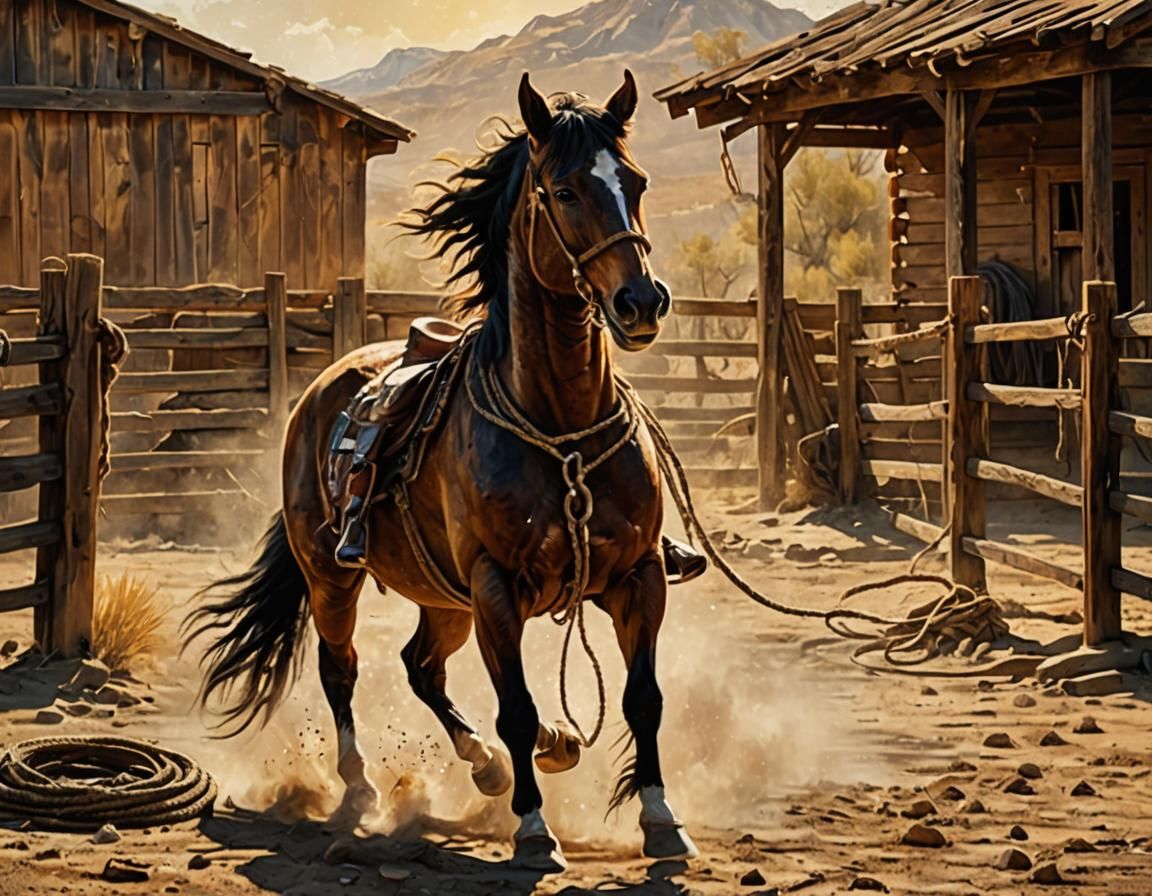 Wild Mustang Rodeo Action in Oil Painting Style
