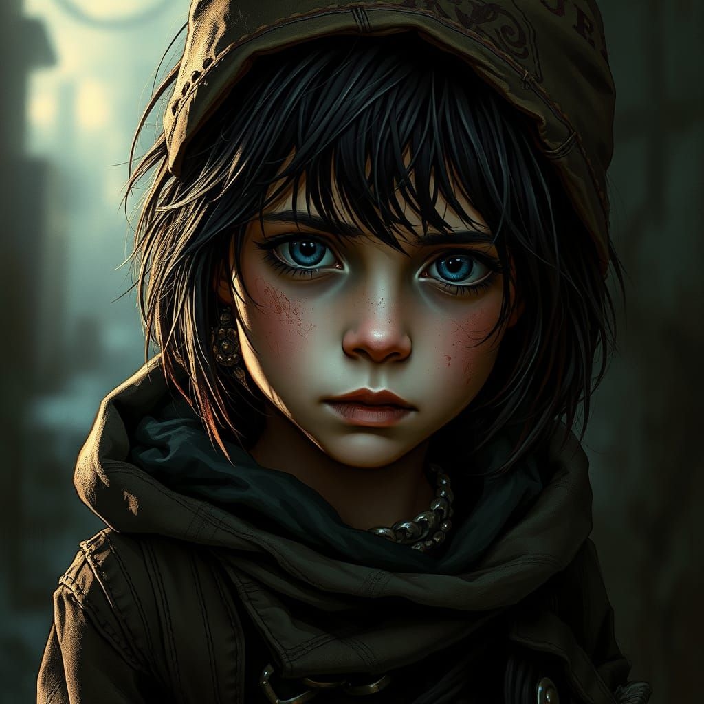 Dark Fantasy Street Urchin Girl in Elegant, High-Contrast Ar...