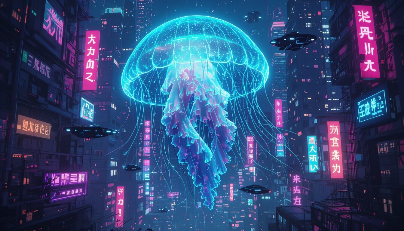 Bioluminescent Jellyfish in Cyberpunk Metropolis