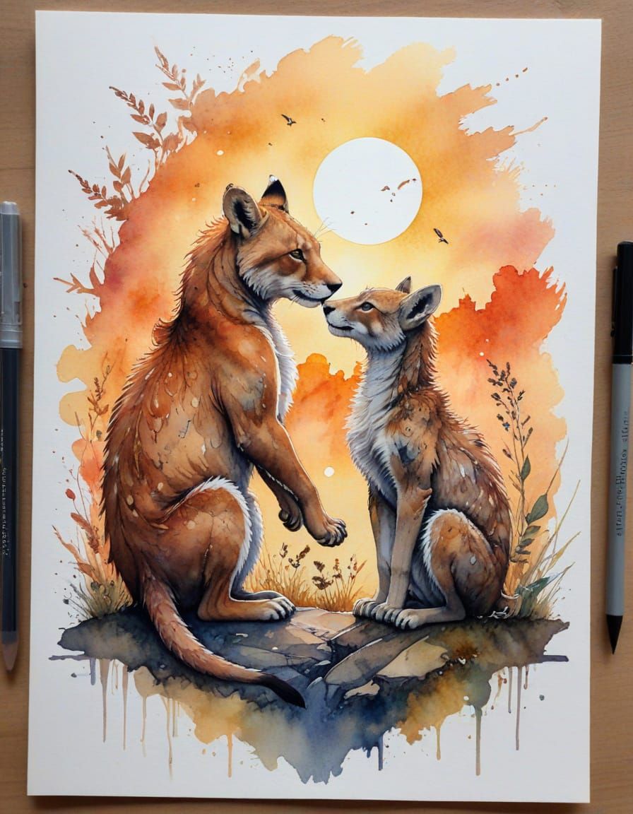 Unlikely Animal Friends at Sunset: Sketch Art