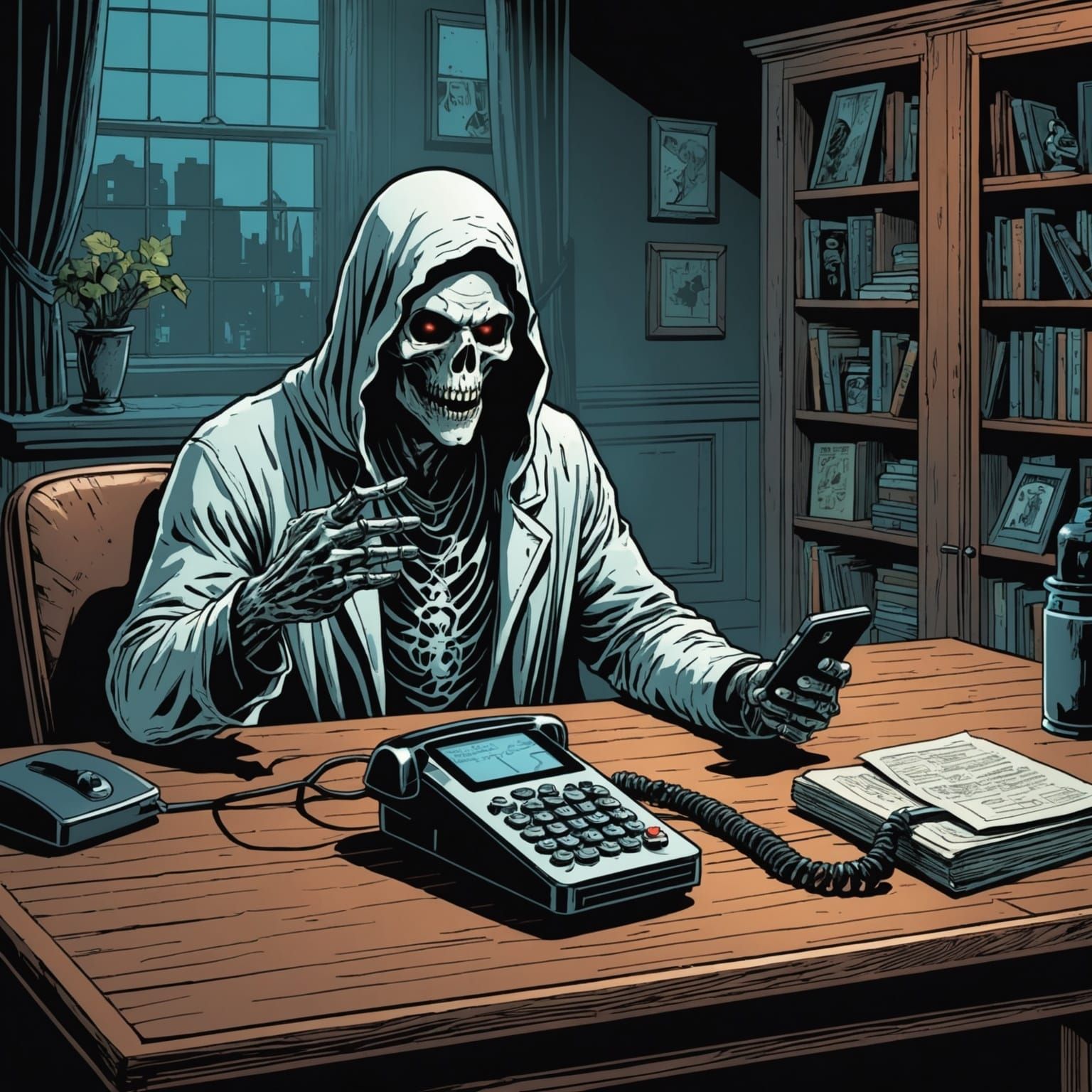 Ghost Beside a Phone in Comic Book Style