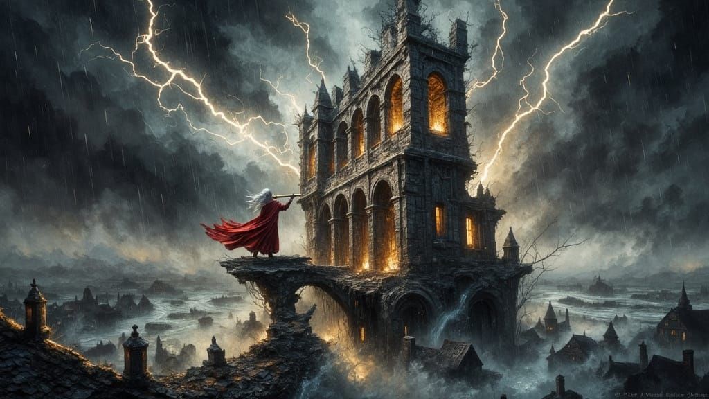 Lone Figure in Stormy Bell Tower Oil Painting