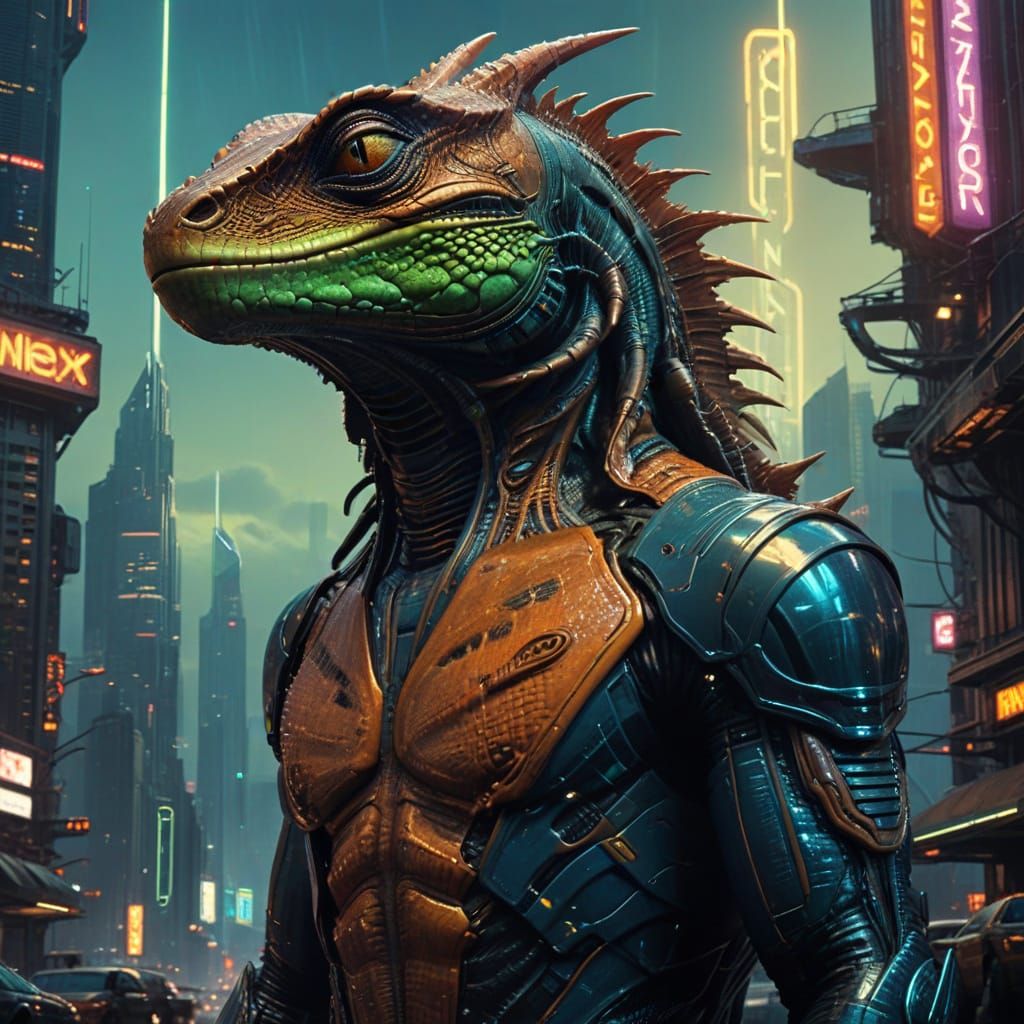 Reptilian Rulers in Neon Noir Metropolis