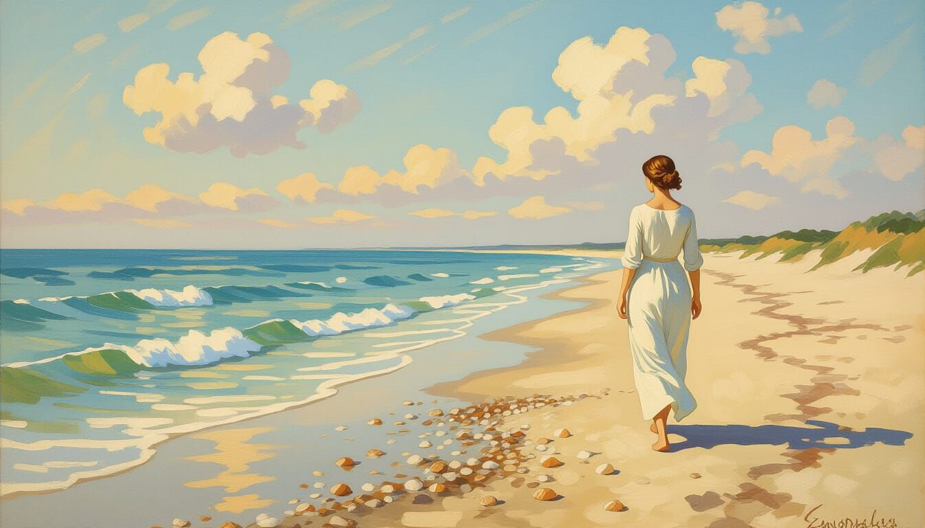 Woman on Beach in Impressionist Style