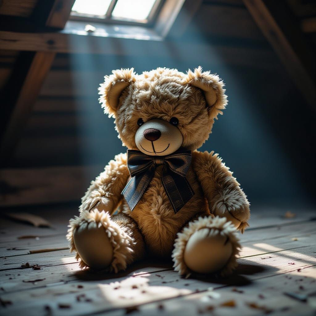 Tattered Teddy Bear in Dusty Attic by Moonlight