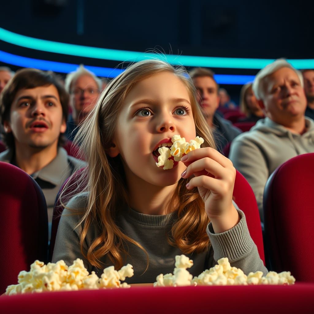 Girl Devours Popcorn in Movie Theater