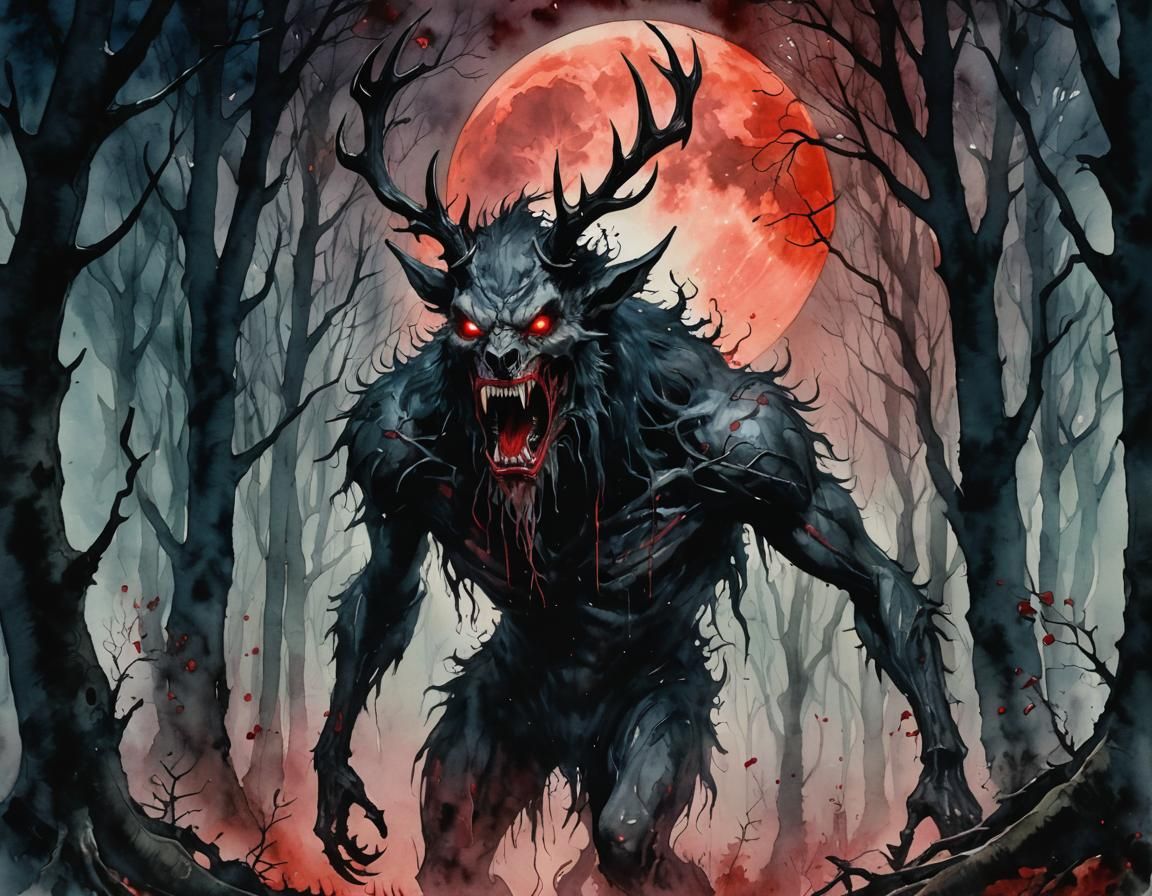 Sinister Wendigo Creature Under Blood Moon