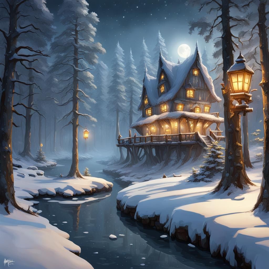 Enchanting Winter Forest with Snow Owl and Fairies