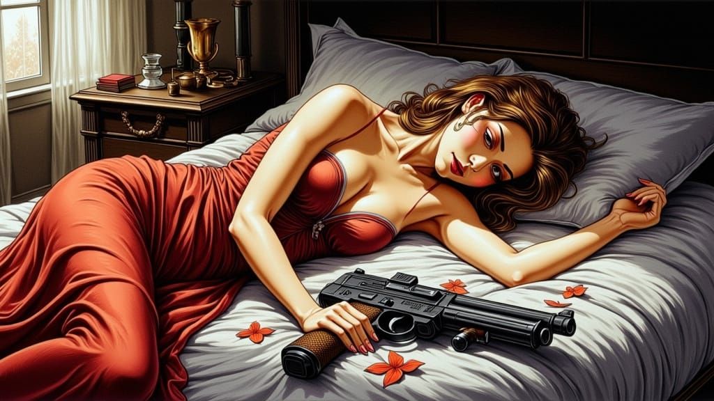 Smoking Gun Beside Sleeping Beauty: Anime Ink Art