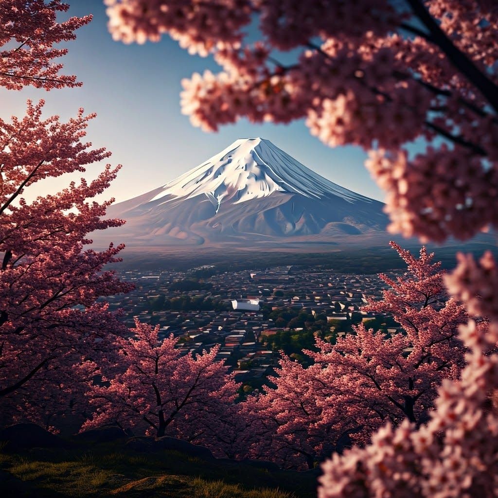 Serene Sakura Landscape with Majestic Mount Fuji