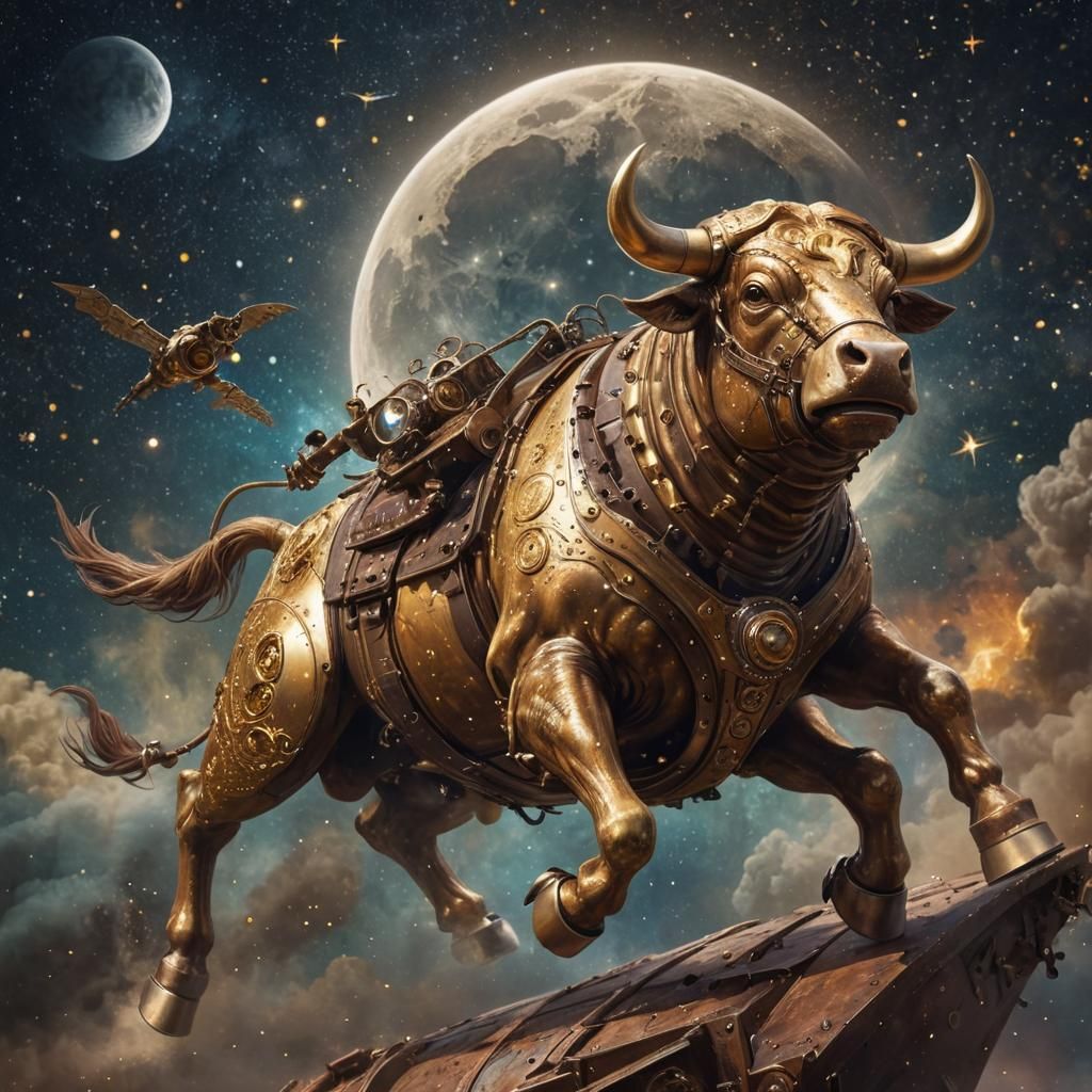 Golden Steampunk Bull Flies to the Moon