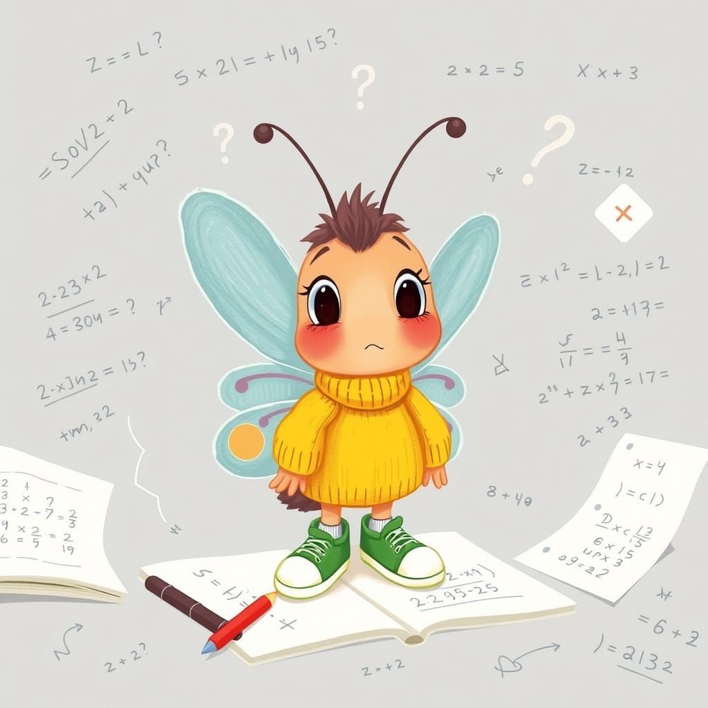 Cartoon Butterfly Struggles with Math Homework