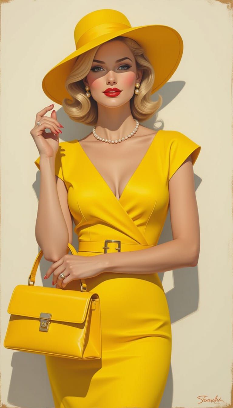 Woman with Yellow Dress and Purse in Photorealistic Style