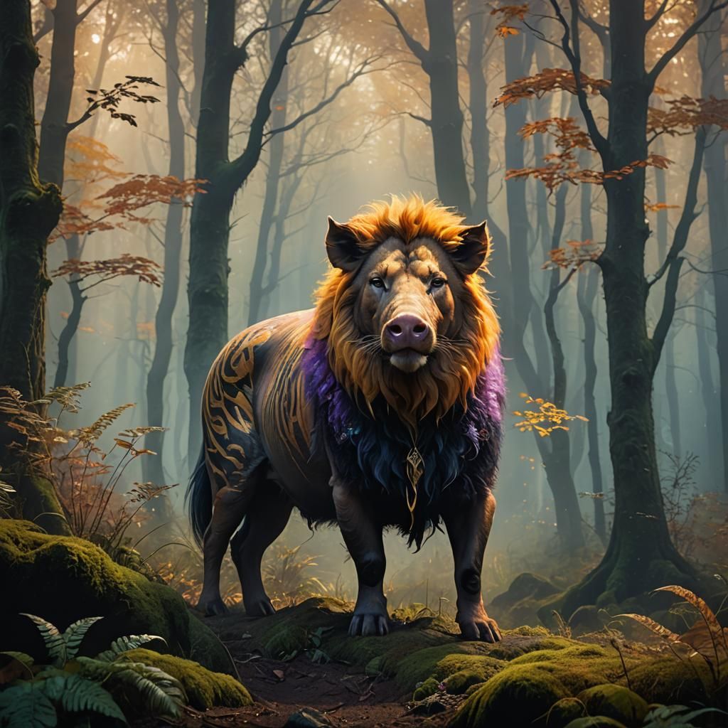 Pig-Lion Hybrid in Misty Forest Concept Art