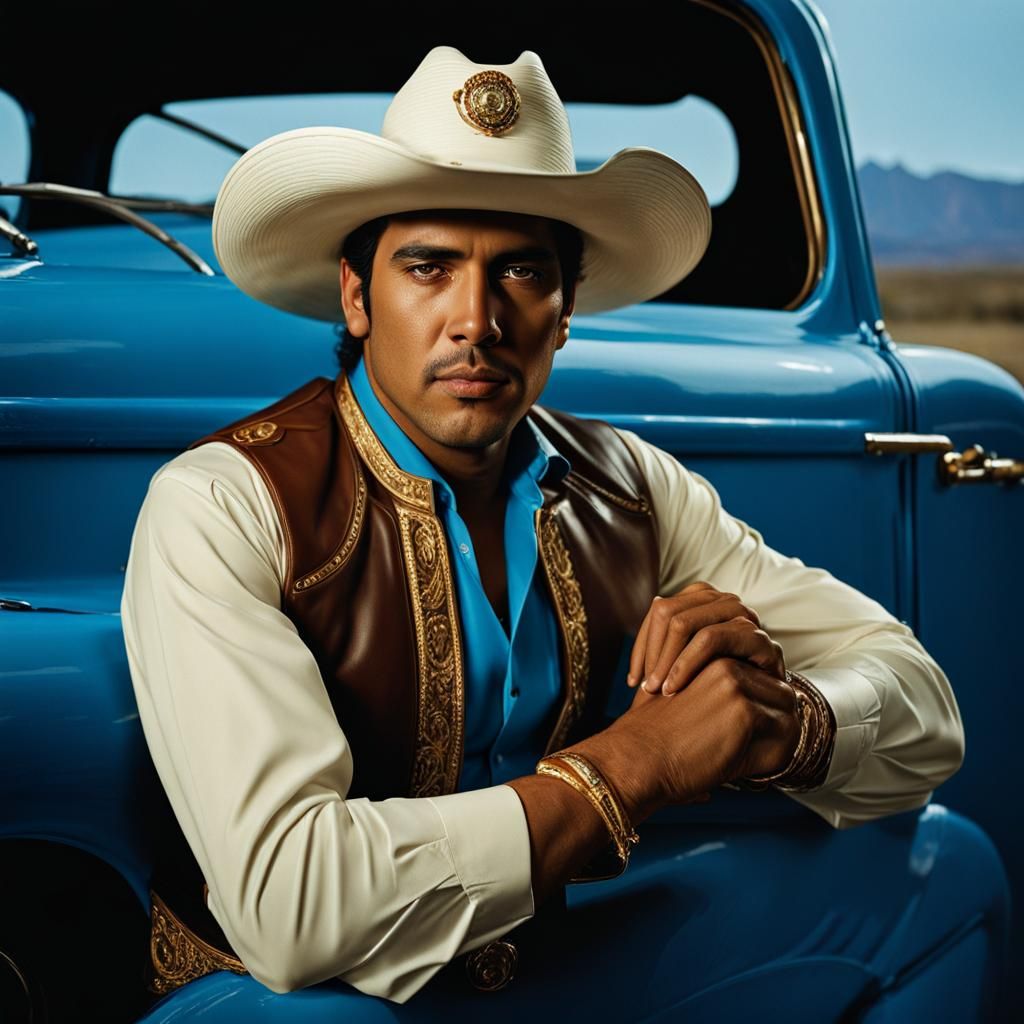 Young Man Poses with Gold Pistol and Ford Truck