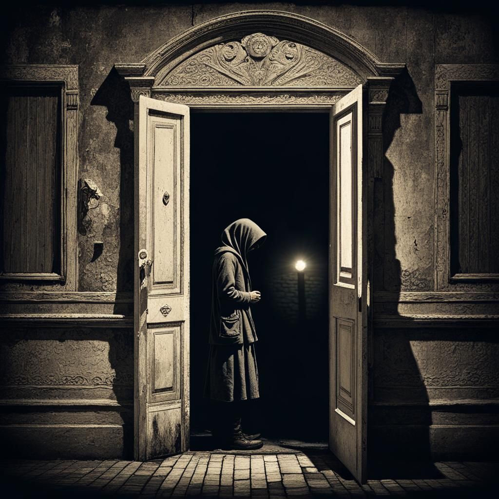 a personification of loneliness knocking at a door :: personified loneliness, shadowy figure, haunting presence, dark at...