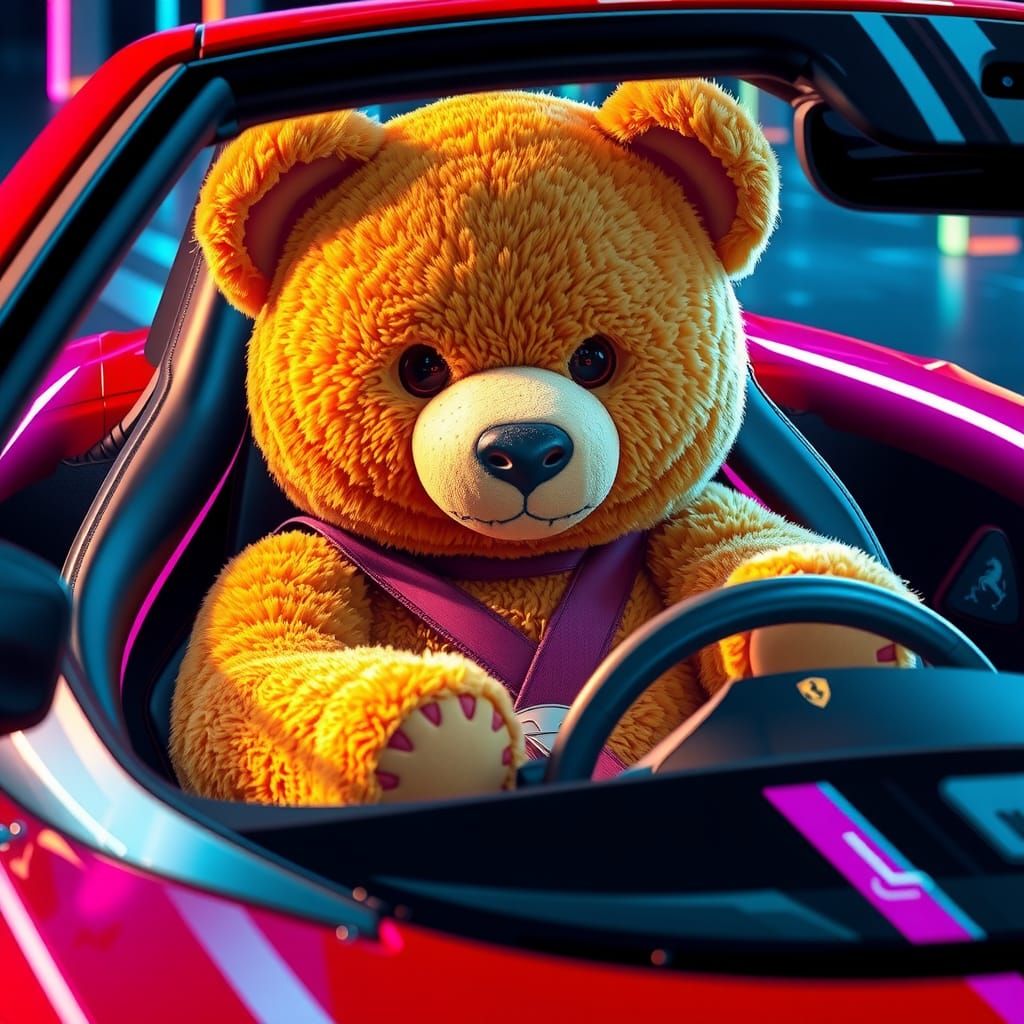 A fluffy teddybeer in a Ferrari 8k resolution concept art hy...