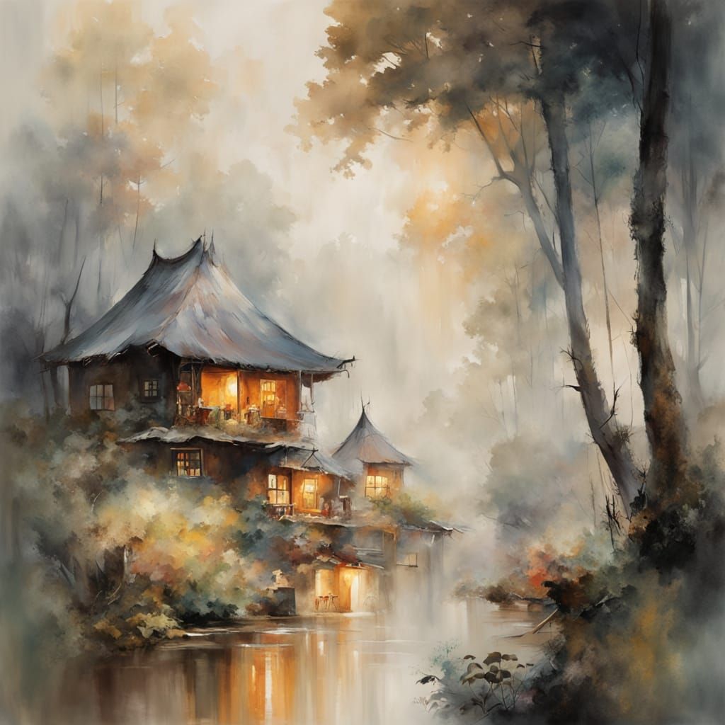 Southeast Asian Village in Forest, Watercolour Style