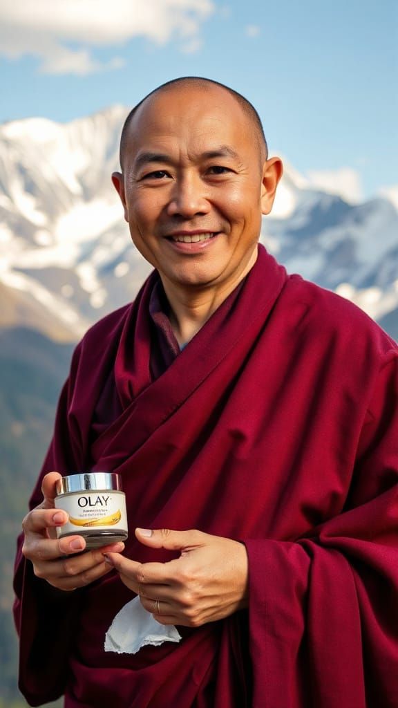 Tibetan Monk Embracing Modern Skincare in Serene Himalayan L...