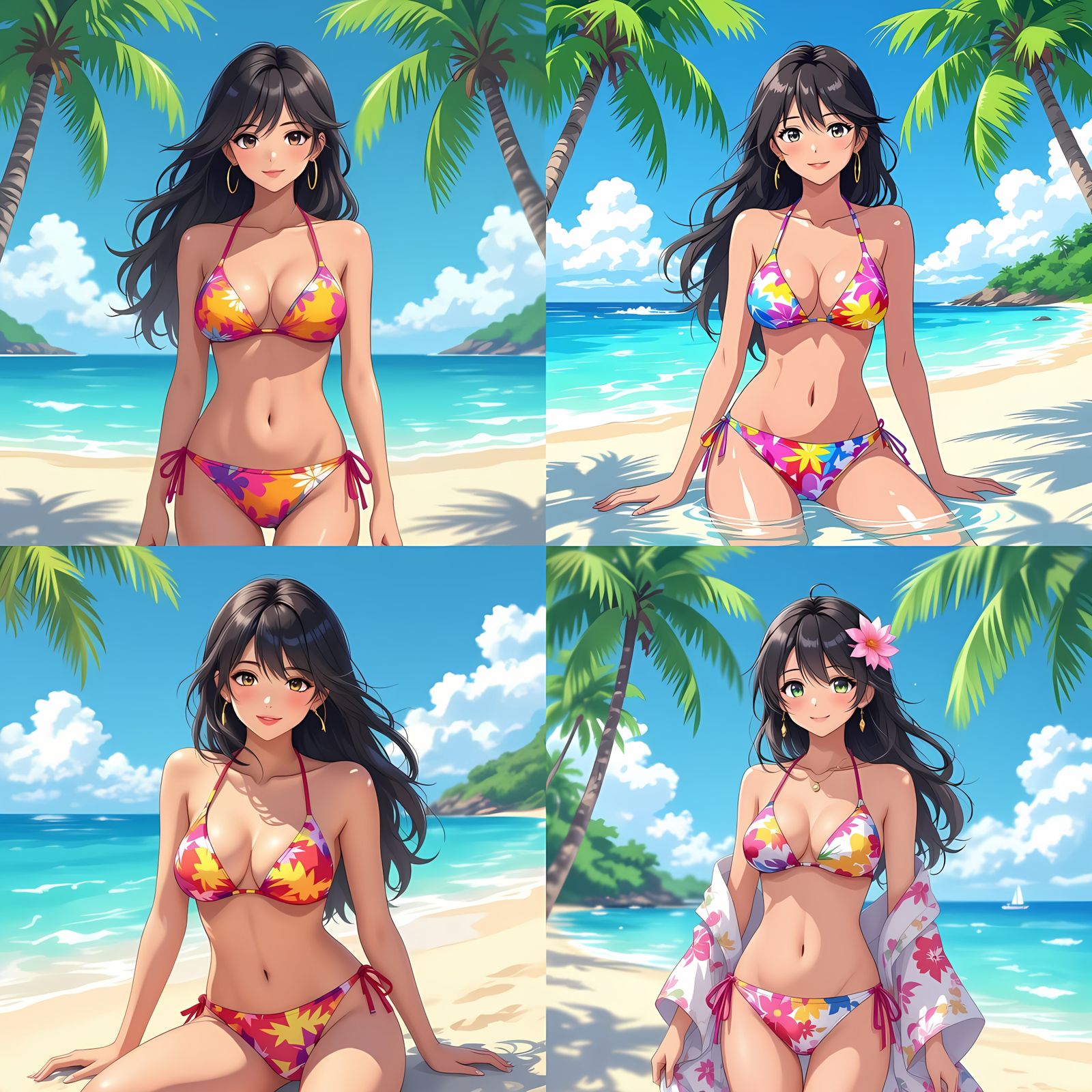 Four Girls in Bikinis on Beach in Anime Style