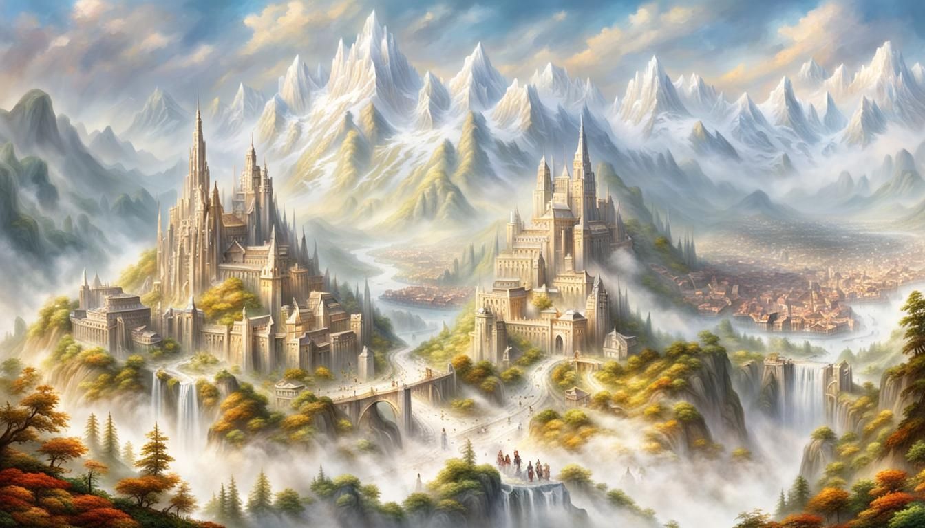 Ethereal White City in Mountain Landscape, Fantasy Art