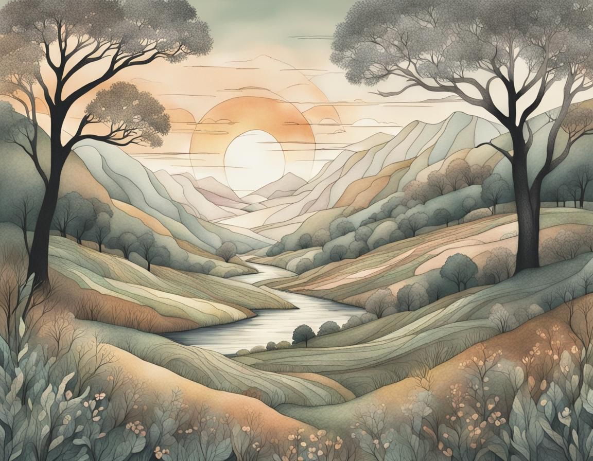 Sunrise Valley in Pen and Ink Style