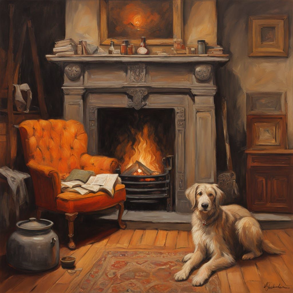 Cozy Reading Nook with Dog as Oil Painting