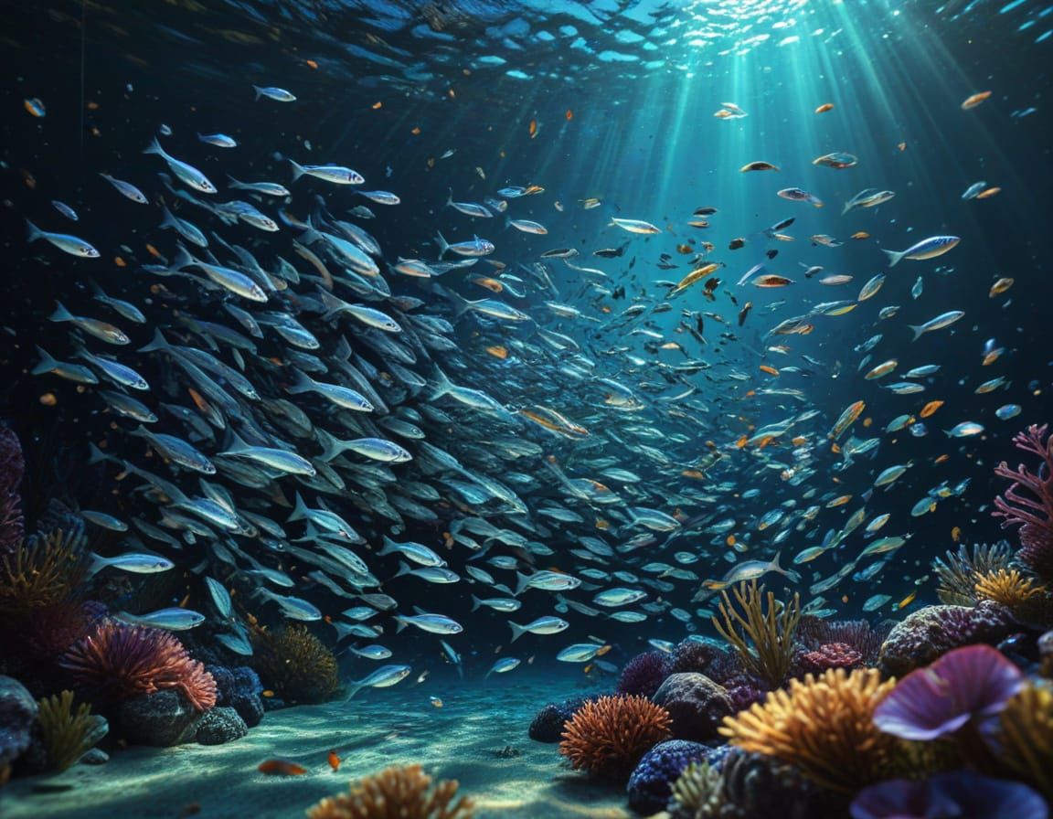 Shimmering Fish School Underwater as Feathered Birds