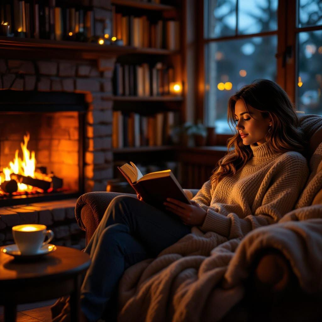 Cozy Evening Reading Scene with Warm Fireplace Glow