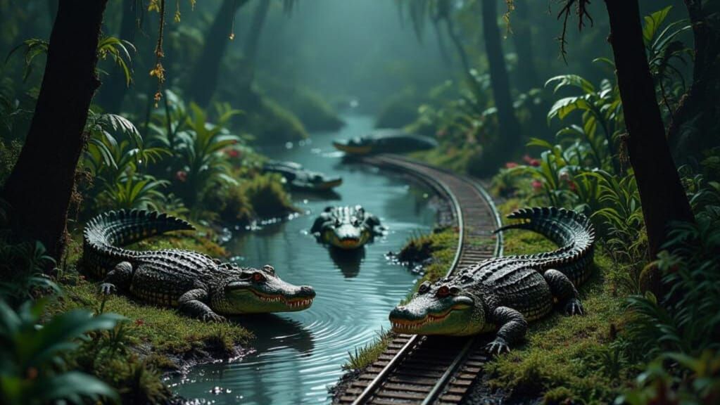 Model Railroad Swamp Diorama with Hungry Crocodiles