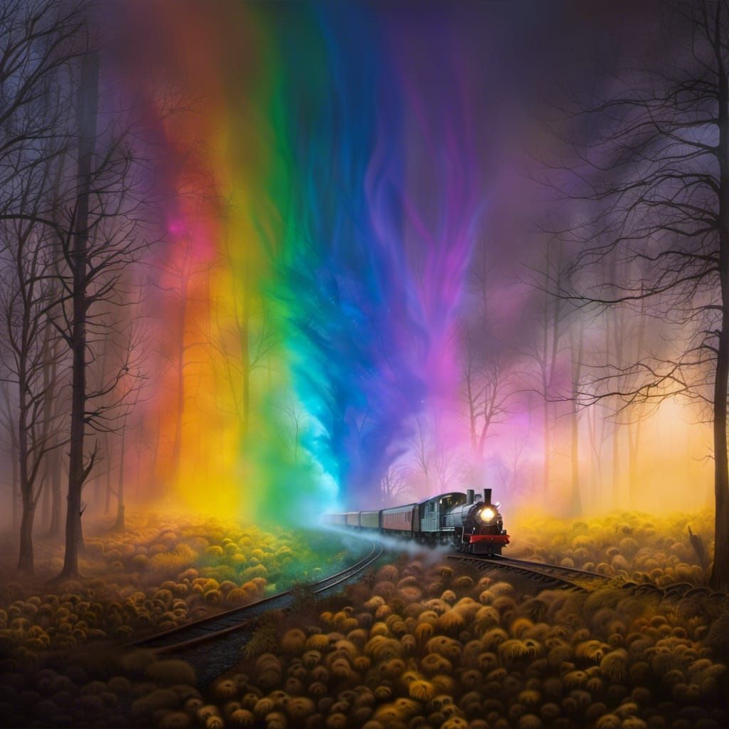 Enchanted Forest Steam Train in Pointillist Style